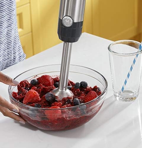 GE Immersion Blender | Handheld Blender for Shakes, Smoothies, Baby Food & More | Includes Whisk & Blending Jar | 2-Speed | Interchangeable Attachment for Easy Clean | 500 Watts | Stainless Steel