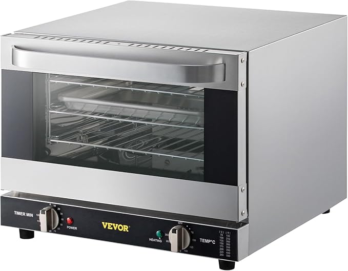 VEVOR Commercial Convection Oven, 21L/19Qt, Quarter-Size Conventional Oven Countertop, 1440W 3-Tier Toaster w/Front Glass Door, Electric Baking Oven w/Trays Wire Racks Clip Gloves, 120V