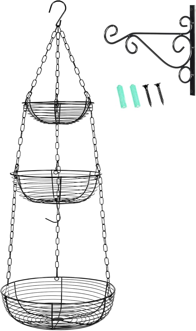 HULISEN 3 Tier Hanging Fruit Basket with Banana Hook, 36-Inch Heavy-Duty Wire Hanging Baskets for Kitchen Storage, Vegetable Produce Organizer (Including Installation Bracket)