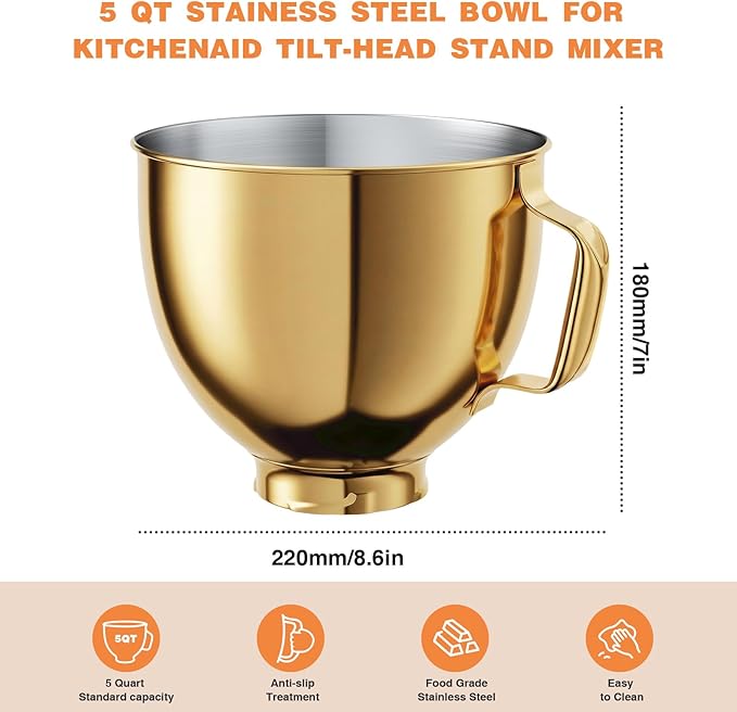 5 QT Food-Grade Stainless Steel Mixer Bowl Compatible With KITCHENAID TILT-HEAD STAND MIXERS 4.5-5 Quart, with Anti-slip handle & Prominent Clasp, Stainless Steel Polished, Gold