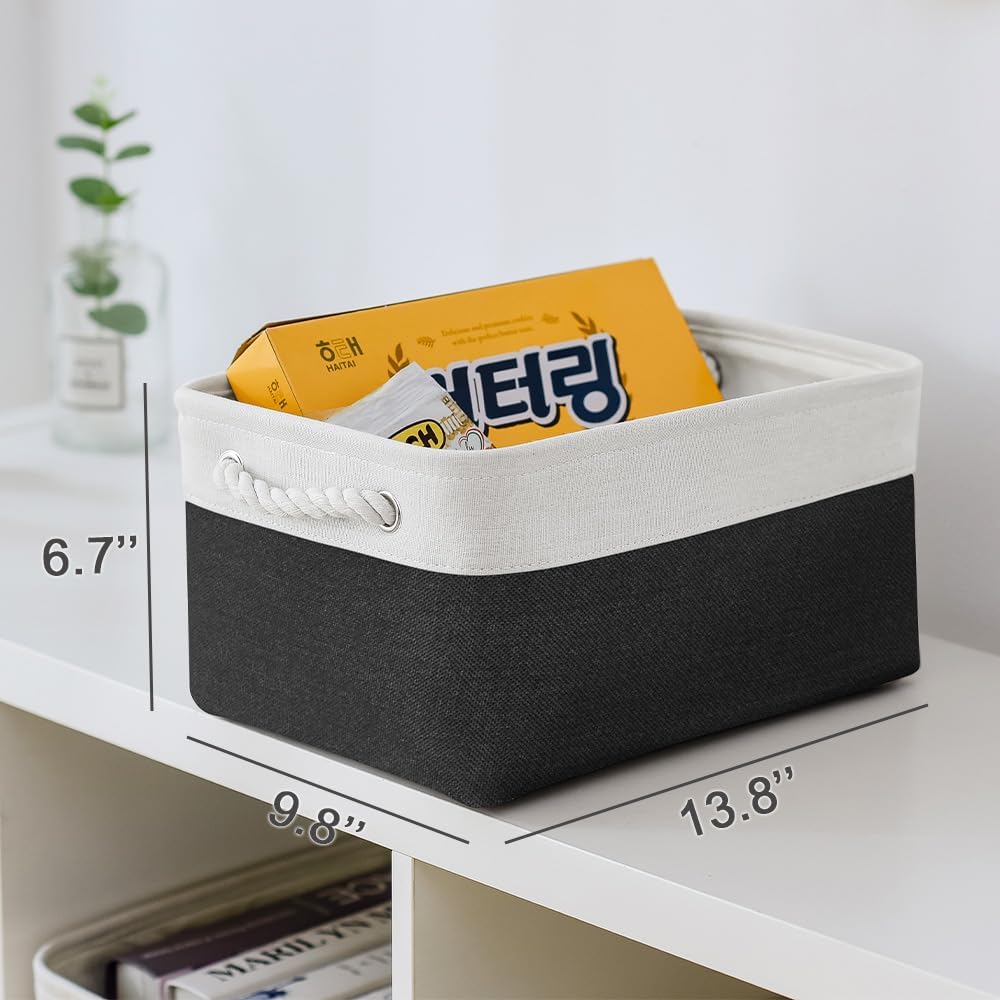 TheWarmHome Storage Basket for Organizing - 3 Pack 13.8x9.8x6.7 inch Medium Collapsible Storage Bin for Shelves with Handles Organizer Closet Cubes Cloth Gift Toy (White & Black)