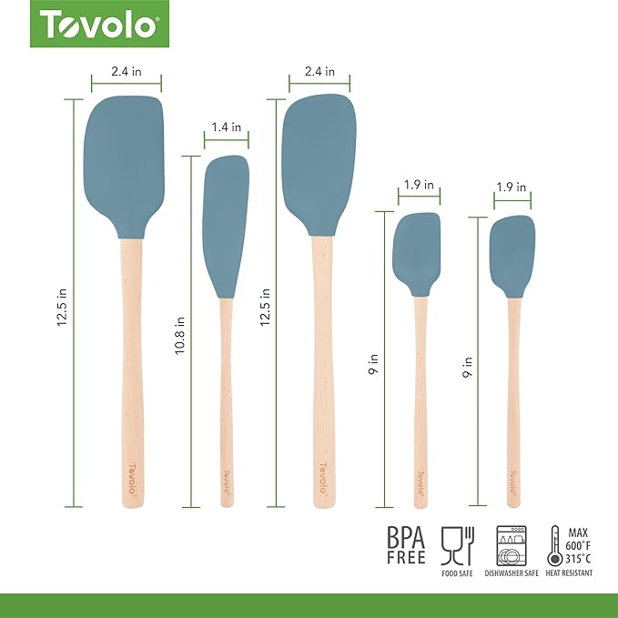 Tovolo Silicone Spatula with Wooden Handle Set of 5 Piece Silicone Kitchen Utensil Set Spoonula Jar Scraper Mini Spatula and Spoonula for Cooking Baking Mixing Folding Blue Slate