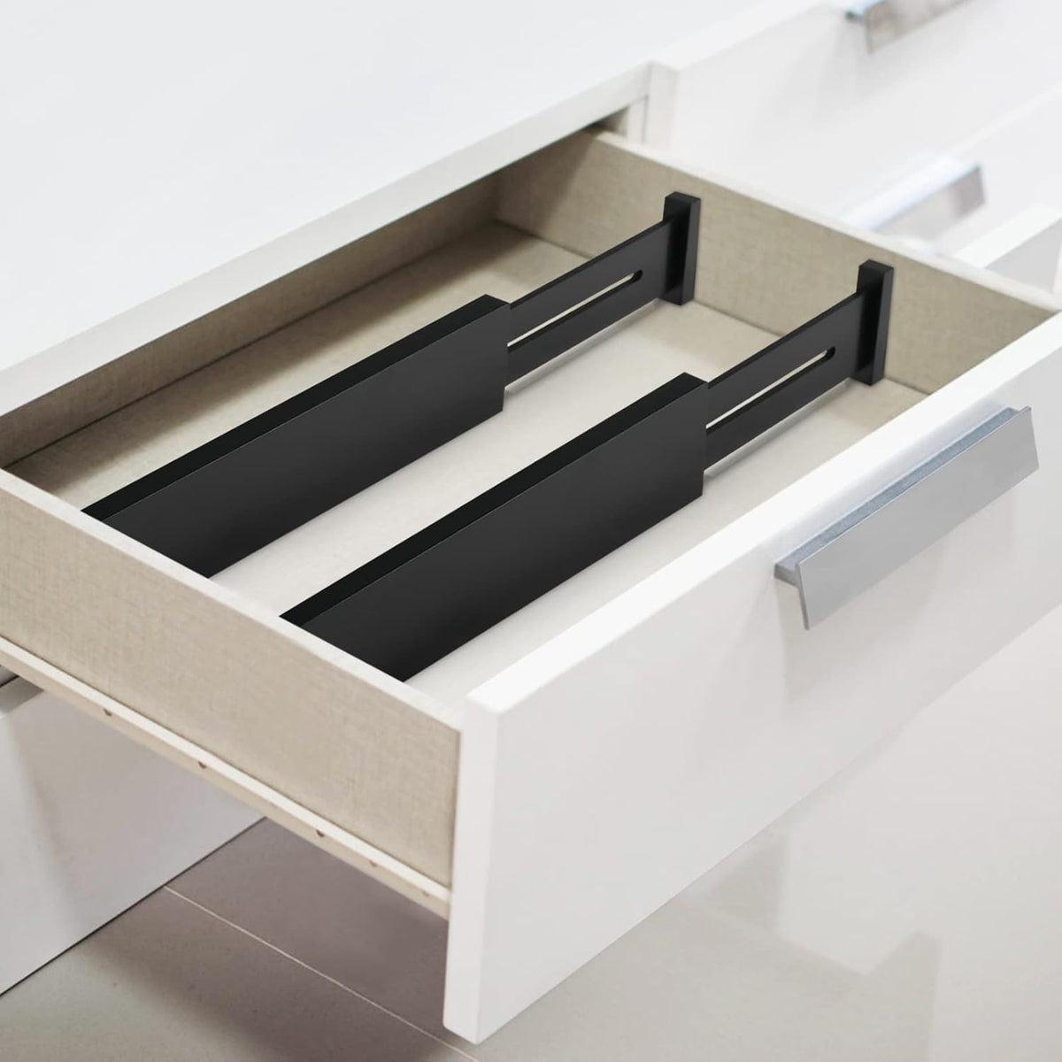 FJO 4 Pack Adjustable Bamboo Drawer Dividers - 11.8" - 17" Expandable Drawer Separators for Kitchen, Utensils, Clothes, Bedroom, Dresser, Bathroom (Black)