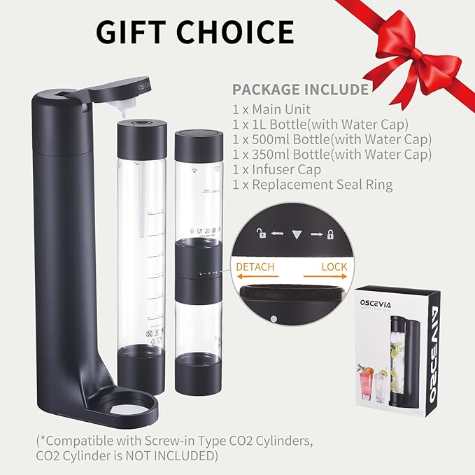 Sparkling Water Machine Soda Maker Beverage Drink Dispenser for Home, Soda Streaming with 1L BPA Free Bottle, 2 Portable Bottle for travel, Seltzer & Carbonator Srew-in 60L CO2 (NOT Included), Black