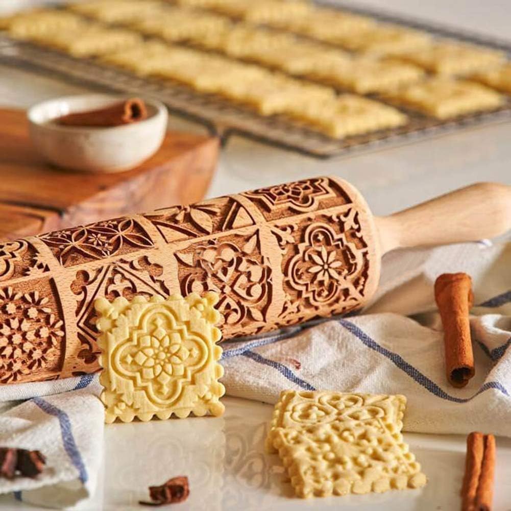 Christmas Wooden Rolling Pin for Baking,Engraved Embossing Rolling Pin Cookie Stamps Roller Square Grid Cookies Mold Kitchen Decor Tools for Kids Adults(Window Grilles)