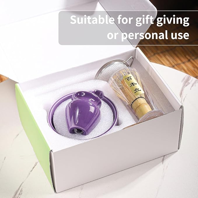 Matcha Tea Set, 5-Piece Ceramic Matcha Bowl & Whisk Kit with Cute Cat Pattern, Traditional Japanese Chawan, Scoop & Sifter, Perfect for Tea Ceremony, Gift for & Tea Lovers (Purple;)