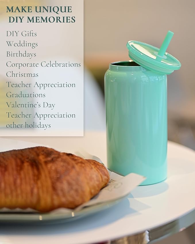 Glass Cups with Lids and Straws, 16oz Stainless Steels Cups, Beer Cups, Iced Coffee Cup, Smoothie Cup, Sublimation Tumbler, Cyan (Smooth Polished Finish, Sublimatable)