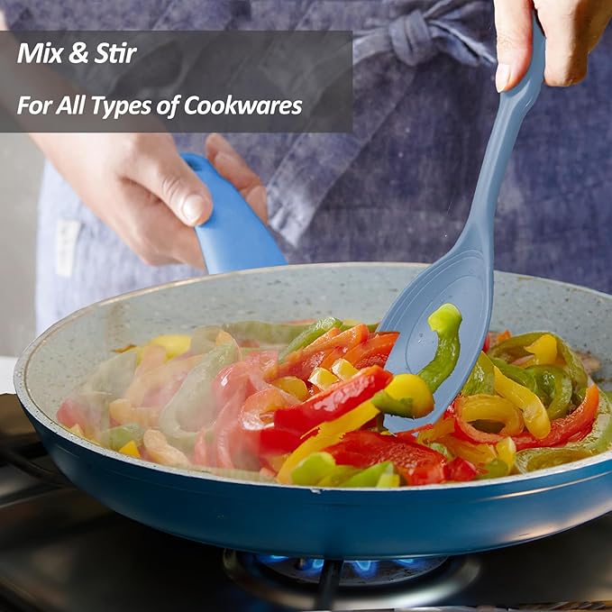 2 Pack Large Silicone Cooking Spoon, Non-Stick Slotted and Solid Spoon set with Deep Bolw- Measurement Mark for Mixing, Serving, Scooping, Scraping, Heat Resistant Kitchen Utensils, Starry Blue