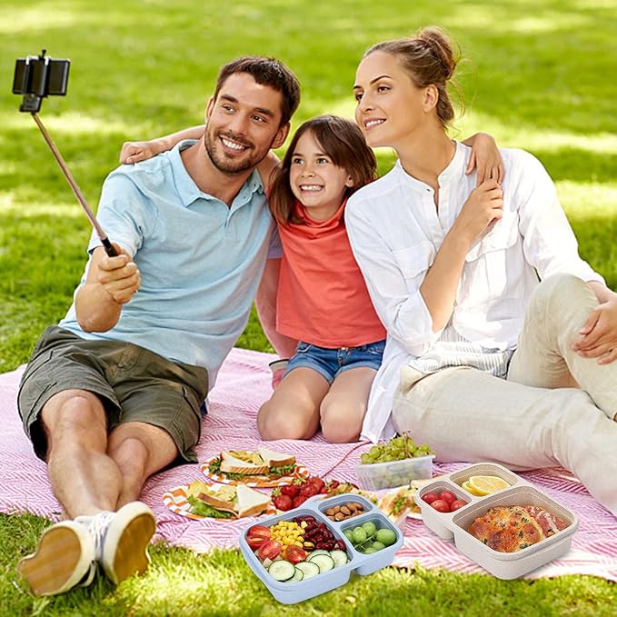 buluker 4 Pack Bento Lunch Box Set 3 Compartment Food Storage Containers Wheat Straw Meal Prep Lunch Box Plastic Food Storage Containers, Microwave and Dishwasher Safe (light colour)