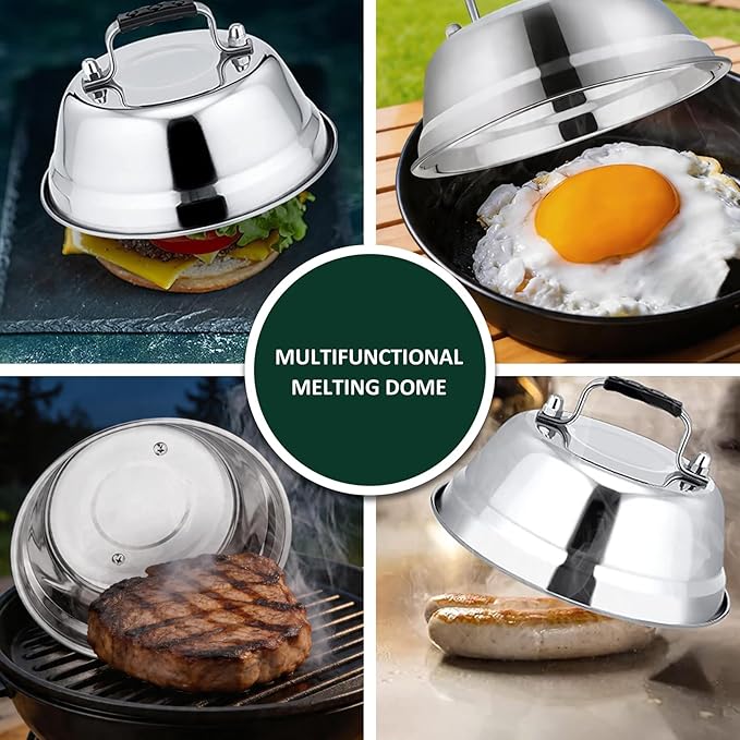 3Pcs Basting Cover & Smash Burger Press, Leonyo 12"- 9"- 6.5" Melting Dome for Griddle, Cast Iron Bacon Press Griddle Steam Dome Lids Smash Burger Kit for Kitchen, Outdoor BBQ Flat Top Grill