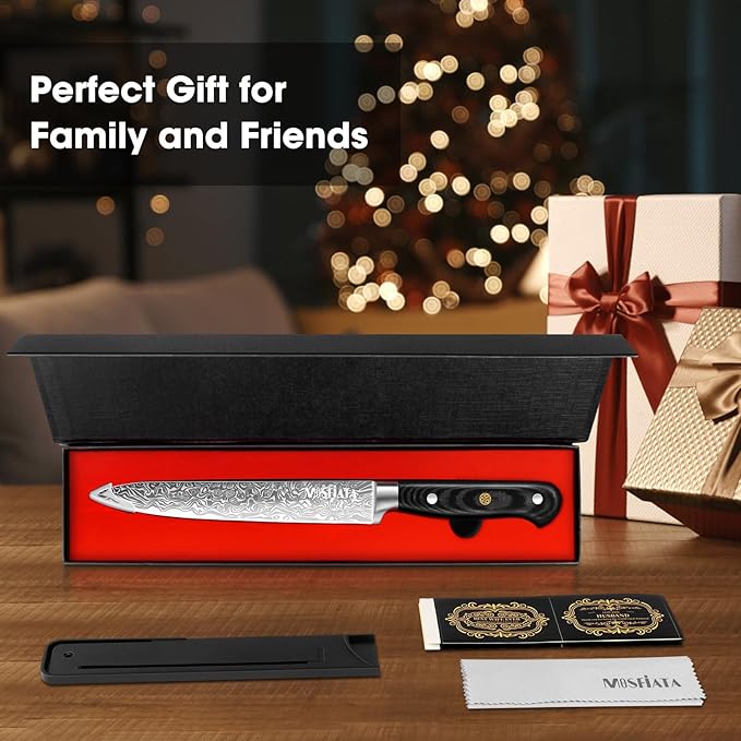 MOSFiATA 8 inch Carving Knife,Stainless Steel Brisket Slicing Knife for Meat Cutting, Razor Sharp Butcher Knife with Granton Edge for Roasts, BBQ, Turkey