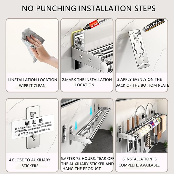 Hanging Wall Mount knife Wall Mount, Kitchen Organizer Storage Shelf for Utensils Spatula Spoon, Space-Saving Knife Rack with Hooks,Wall-Mounted Utensil Holder (Silver, 50CM+Three Poles+8Hooks)