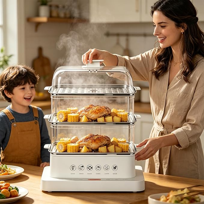 Electric Food Steamer, 32L 3-Tier Square Steamer, Food-Grade & Dishwasher-Safe, Juice Tray, 6 Preset Programs for Meat/Fish/Seafood/Grains, 10s 3D Steam, 12H Delay Start, Baby Food Steamer Pot