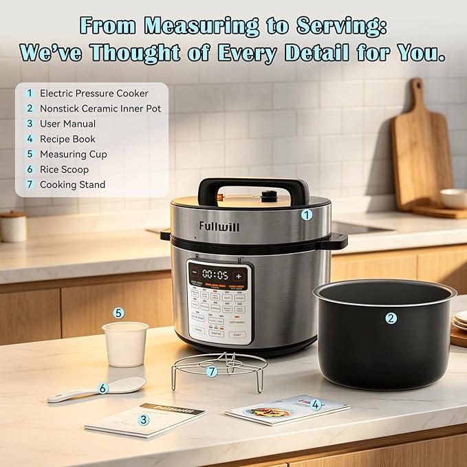 Fullwill 8QT Electric Pressure Cooker Max, 12-in-1 Multi-Use Programmable with Ceramic Non Stick Pot for Sautรฉ,1200W Fast Cooking, Slow Cook, Steam, Yogurt, rice maker cooker,Family Meals & Gatherings