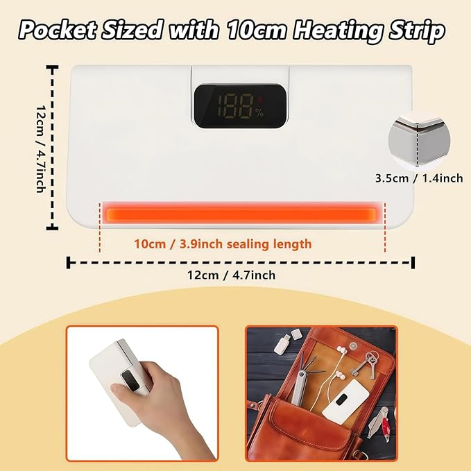 2026 New USB-C Rechargeable Mini Bag Sealer, One-Touch, Adjustable and Portable Freshness, 6-Level Adjustable Heat Sealer & Cutter, LED Display, Magnetic Base for Fridge & Kitchen (White)