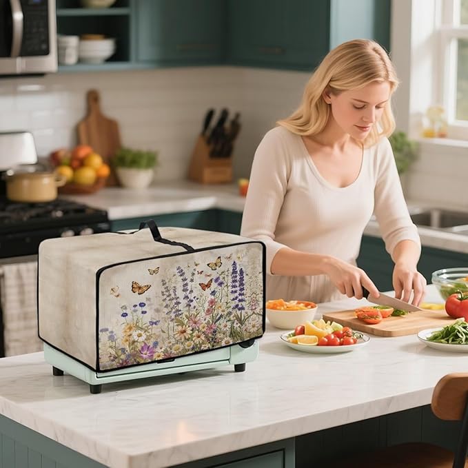 Toaster Oven Cover Washable Small Kitchen Appliance Dust Cover with Pockets, for Air Fryer Toaster Ovens, Microwaves, L, 18.5 x 22.5 x 13 Inches, Retro Floral Butterfly Print