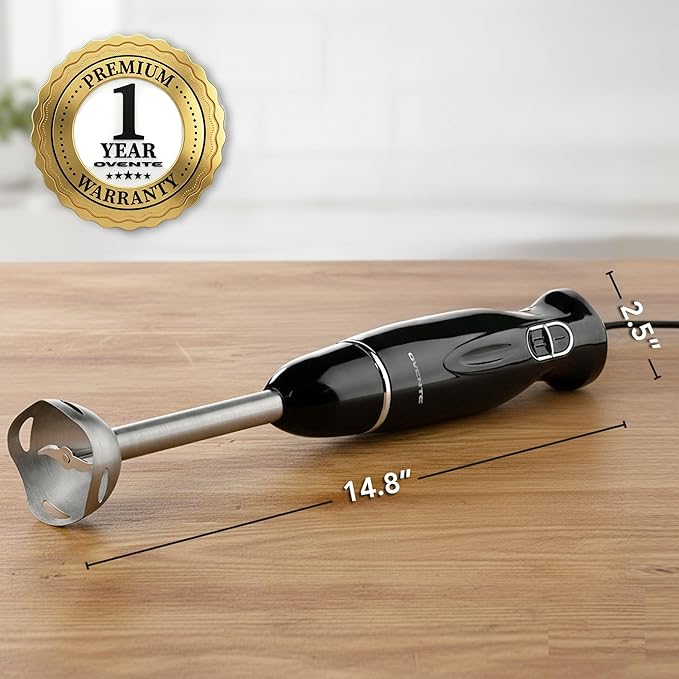 OVENTE Immersion Hand Blender, 300W Electric Handheld Stick Mixer with 2 Mixing Speeds and Stainless Steel Blades for Smoothies, Purees & Baby Food, Black HS560B