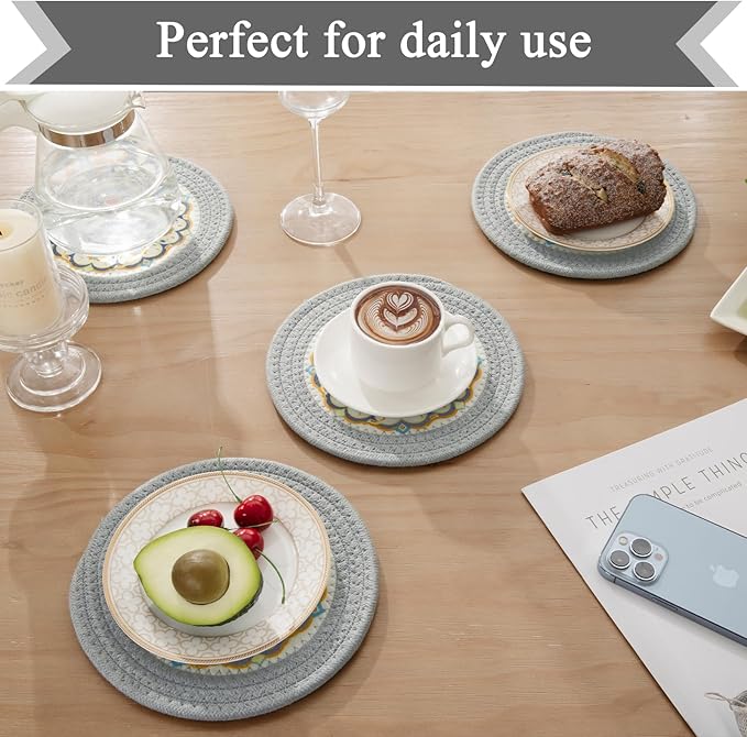 SHACOS 8 Inches Trivets for Hot Dishes, 4 Pieces Cotton and Felt Floral Pattern Trivets Mats for Kitchen, Hot Pads for Countertops, Heat-Resistant Pot Holders for Hot Pots and Pans (Grey, 4pcs)