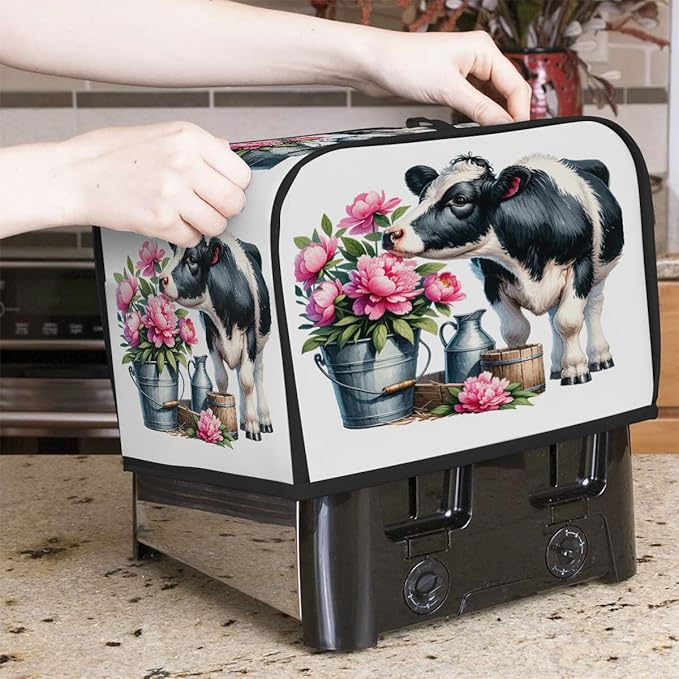 Animal Cow Pink Flower Toaster Cover 4 Slice Dust and Fingerprint Protection Toaster Bread Maker Covers Washable Kitchen Small Appliance Covers for Kitchen Accessories Decor Bakeware Women Gift