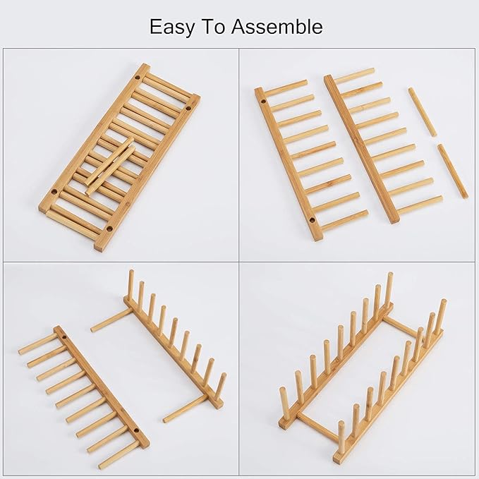 HBlife 2pcs Bamboo Dish Plate Bowl Cup Book Pot Lid Cutting Board Drying Rack Stand Drainer Storage Holder Organizer Kitchen Cabinet(Keep Dry)