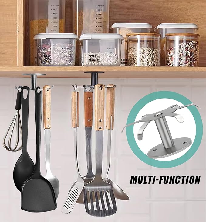 Zorfeter Under Cabinet Kitchen Utensil Hooks, Stainless Steel Utensil Racks 360°Rotating Drilling Free Adhesive Utensils Hanging Rack Holder, Brushed Nickel