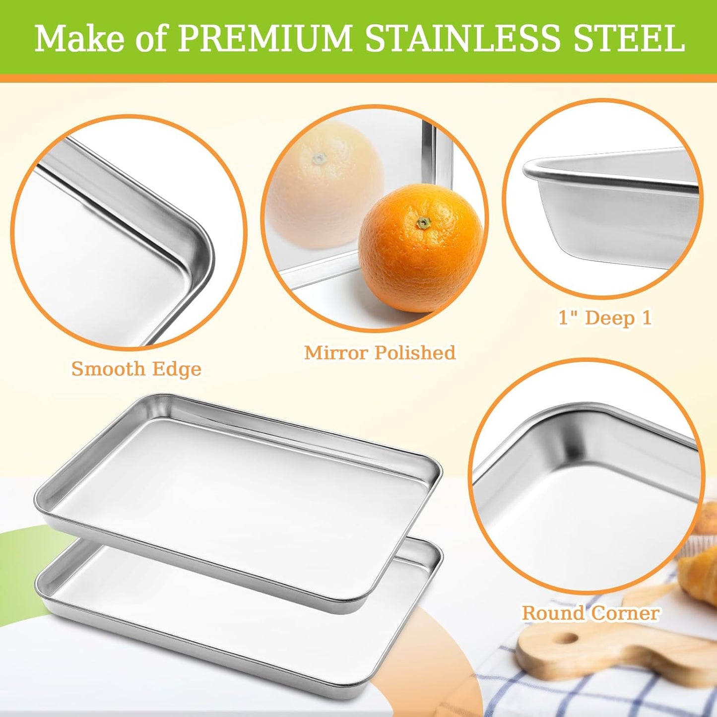 CEKEE Stainless Steel Cookie Sheets for Baking, 2PCS Stainless Steel Baking Sheet, Size 12 x 10 x 0.98 Inch,Heavy Duty & Easy Clean Baking Pans Tray Set