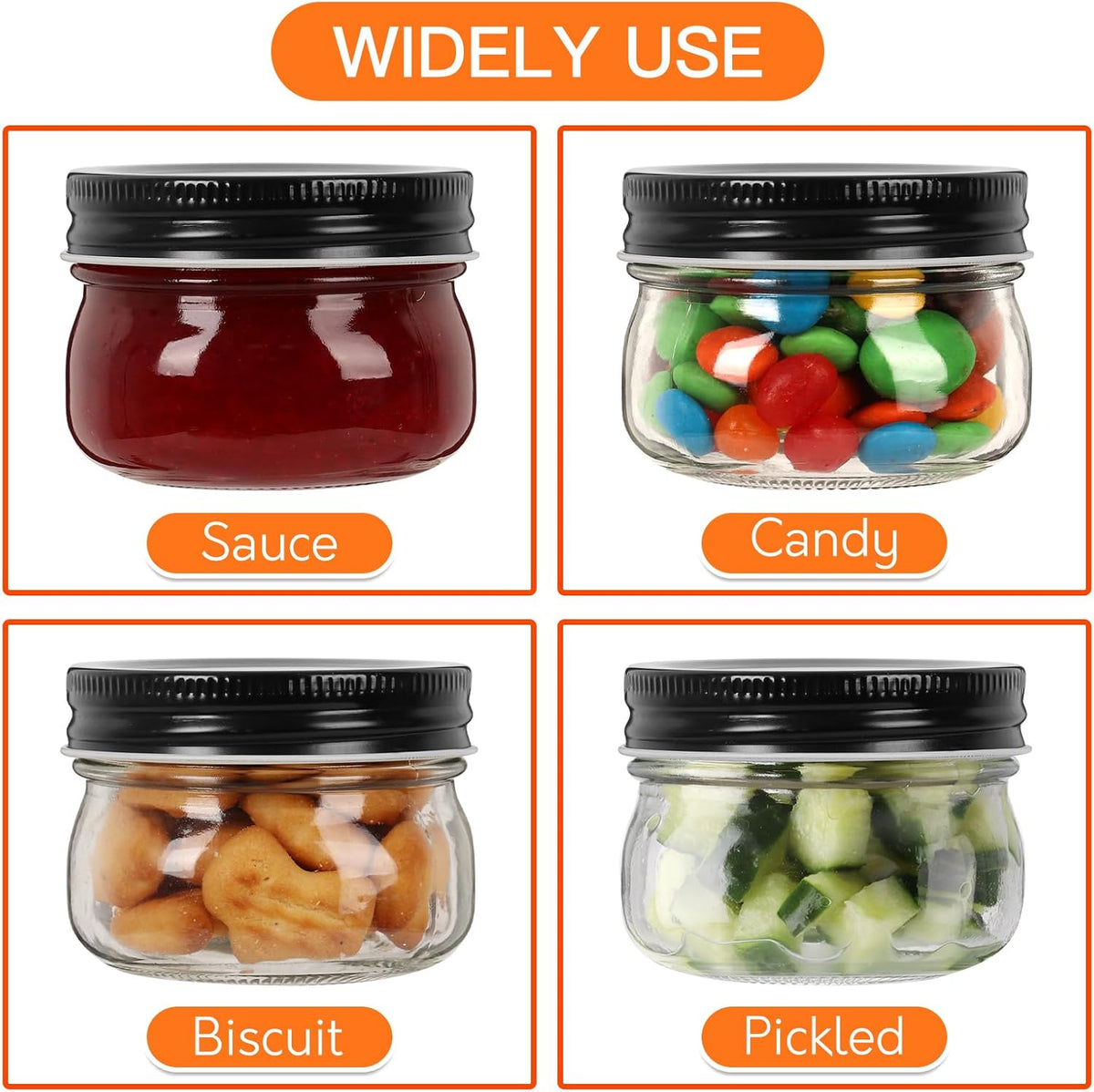 4 oz Mason Jars With Black Lid, 24 Pack Regular Mouth Canning Jars for Jam, Honey, Yogurt, Spices, Snacks, DIY Projects, Wedding Favors- Includes 30 Stickers