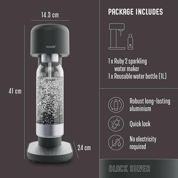 Mysoda Ruby 2 Soda Streaming Machine - Silent and Long-Lasting Aluminium Soda Maker with 1L Water Bottle - Without CO2 Cylinder - Black Silver