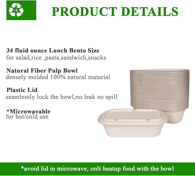 50-pack 34 oz Disposable Food Containers with Lids, Sugarcane Pulp Take Out Containers, Compostable To-Go Microwave Safe Lunch Box for Meal Prep, Salad, Pasta, Nacho, Burrito