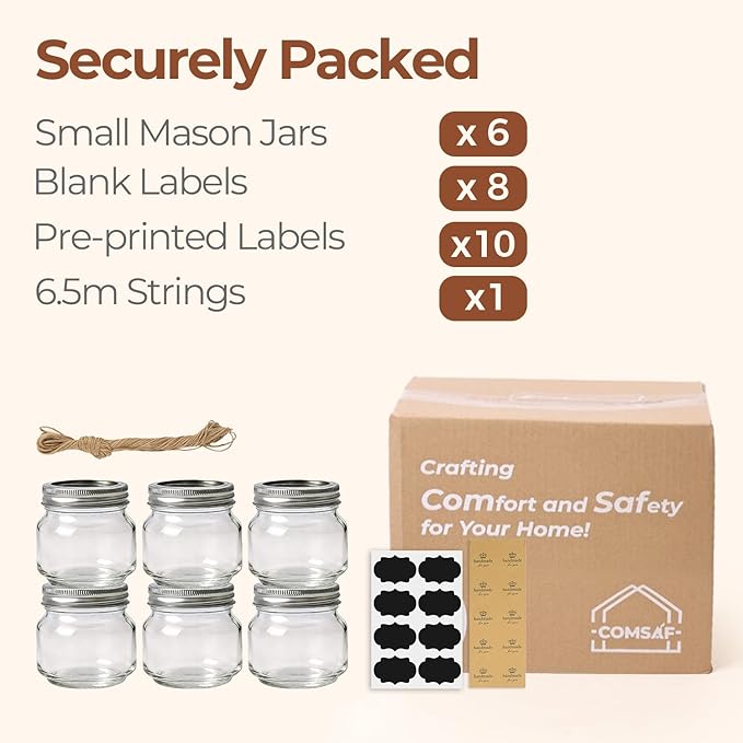 ComSaf 8 oz Regular Mouth Mason Jars,6Pcs Glass Jars for Home Cooks Making Jam and Jelly, and Crafters Creating DIY Candles and Party Favors, Canning Jar with Lids and Rings,Includes Labels & Twine