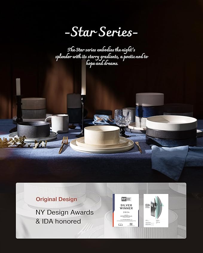 famiware Star 8.25" Pasta Bowls, Large Dinner Bowls Set of 6, Salad Bowl Plates, Shallow Bowls for Eating, Deep Forest