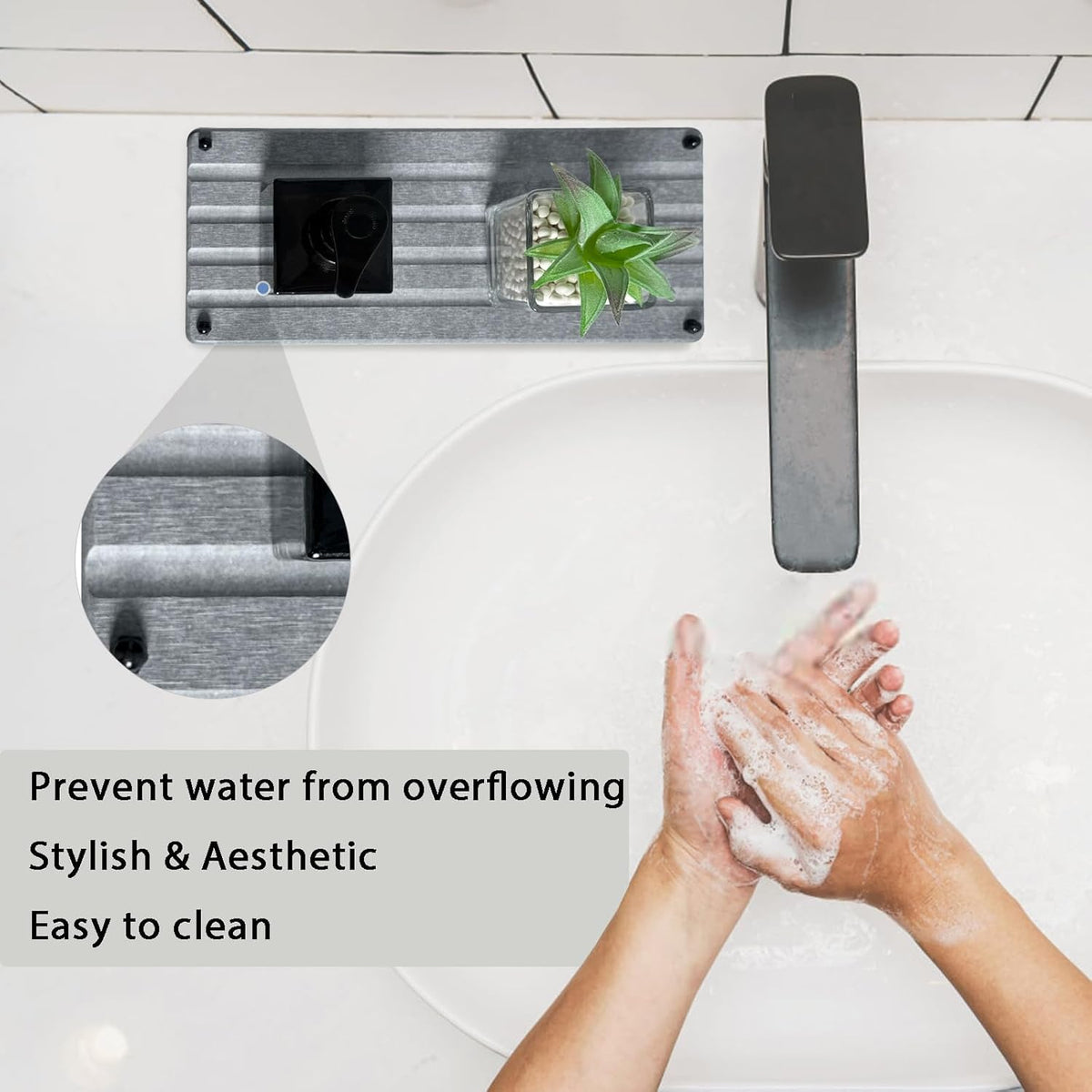 2 PCS Water Absorbing Stone Trays for Bathroom Counter, Fast-Drying Faucet Mat for Kitchen Sink, Diatomite Sink Caddy, Hand Soap Holder with Anti-Skid Feet (9.5" x 4.7" Gray)