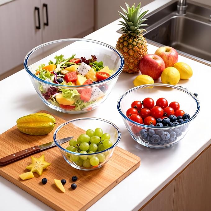 WhiteRhino Glass Mixing Bowls Glass Bowls with Lids Set(4.5QT,2.7QT, 1.1QT),Large Salad Bowls,glass mixing bowl Space-Saving Nesting Storage bowls for Cooking,Baking,Prepping,Dishwasher Safe
