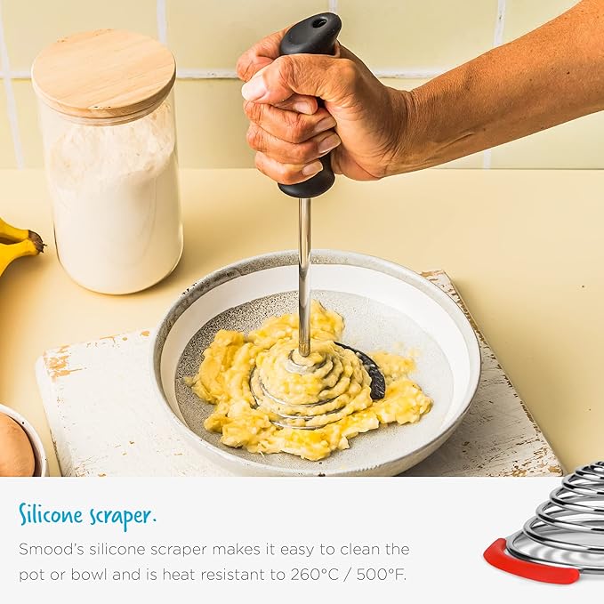 Dreamfarm Smood | One-Handed Stainless-Steel Spring Coil Vegetable and Potato Masher with Soft Grip and Bowl Scraper | Red
