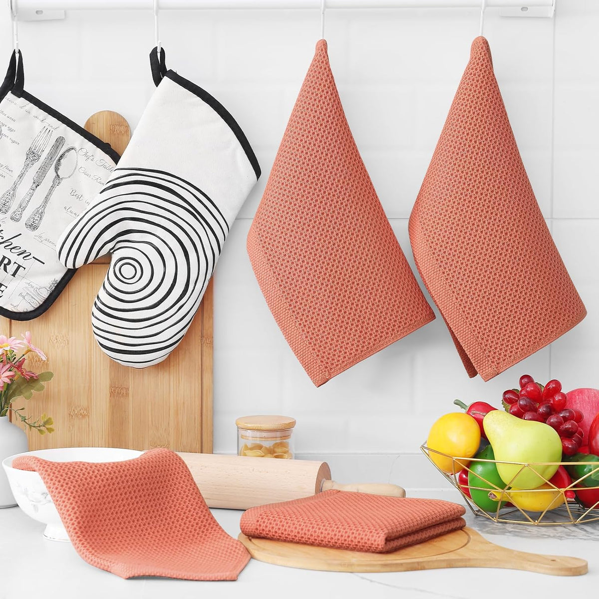 Homaxy 100% Cotton Waffle Weave Kitchen Dish Cloths, Ultra Soft Absorbent Quick Drying Dish Towels, 12 x 12 Inches, 6-Pack, Coral