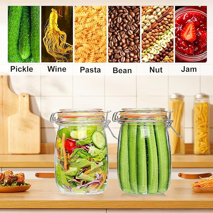 32 oz Wide Mouth Mason Jars with Airtight Hinged Lids, Large Glass Jar with Lid for Pickling, Fermentation, Canning, Food Storage – Set of 4 Glass Storage Containers