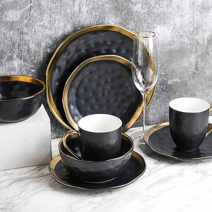 Stone Lain Florian Modern Porcelain Dish Set, 32-Piece Dishes for 8, Gold and Black