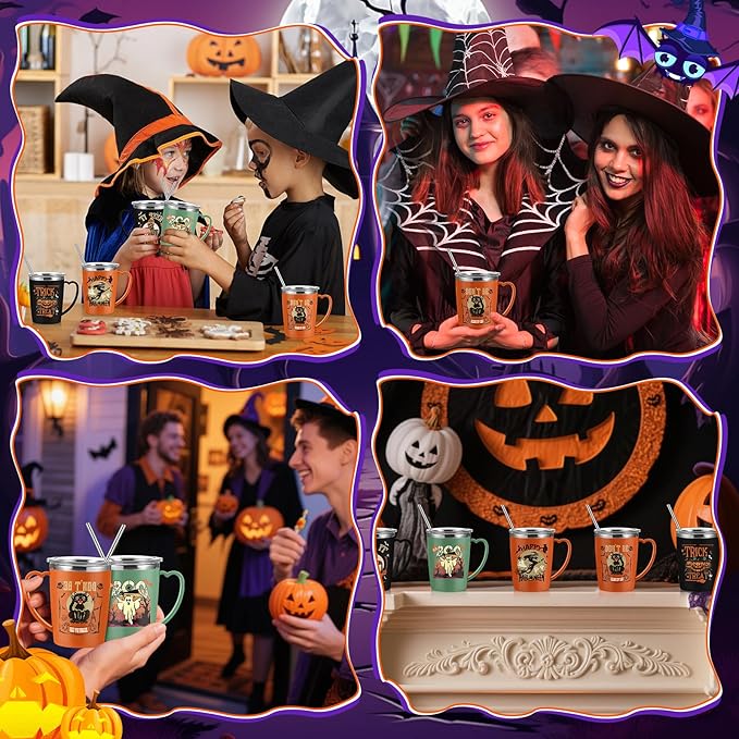 6 Pcs Halloween Coffee Mugs Cups 16 oz Halloween Stainless Steel Insulated Tumblers Bulk with Handle Lid Straw Brushes Spooky Ghost Face Monster Black Cat Mugs Trick or Treat Gifts