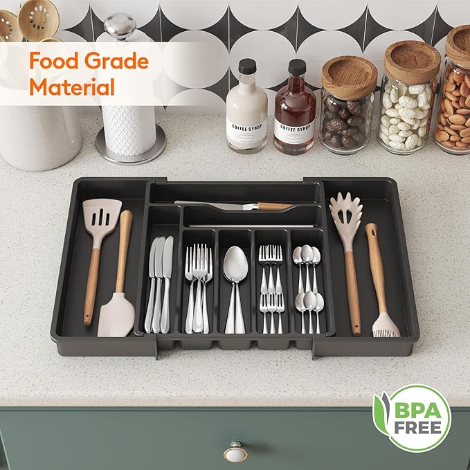 Lifewit Utensil Organizer for Kitchen Drawer, Expandable Cooking Silverware Tray, Adjustable Cutlery Flatware Holder, Plastic Spatula Tools Storage Divider, 13-22.4 x 15", Black