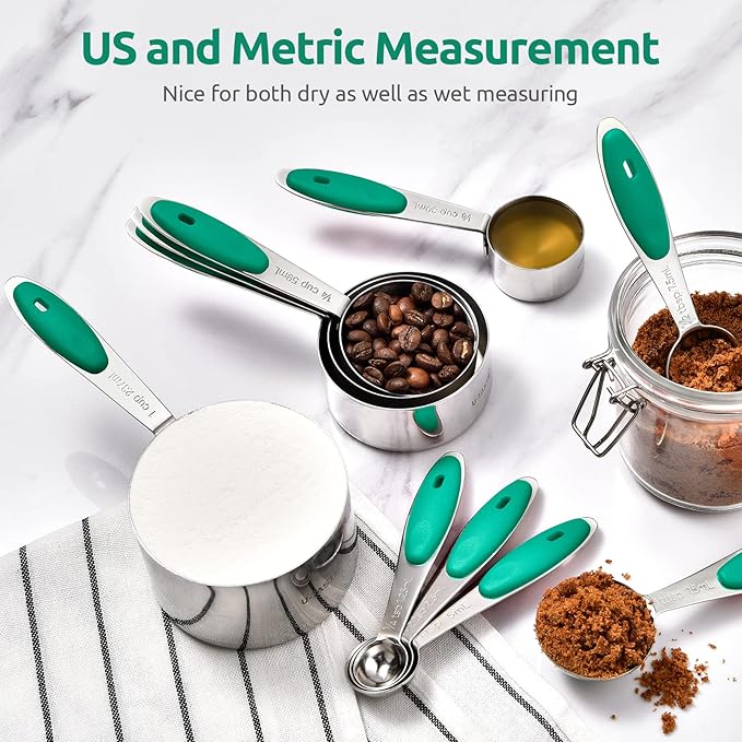 Measuring Cups and Spoons Set: U-Taste 18/8 Stainless Steel 10 Pieces Metal Stacking Kitchen Baking Cooking Food Measure Set 5 Cups 5 Spoons with Strengthened Weld Joints (Teal, Upgraded Version)