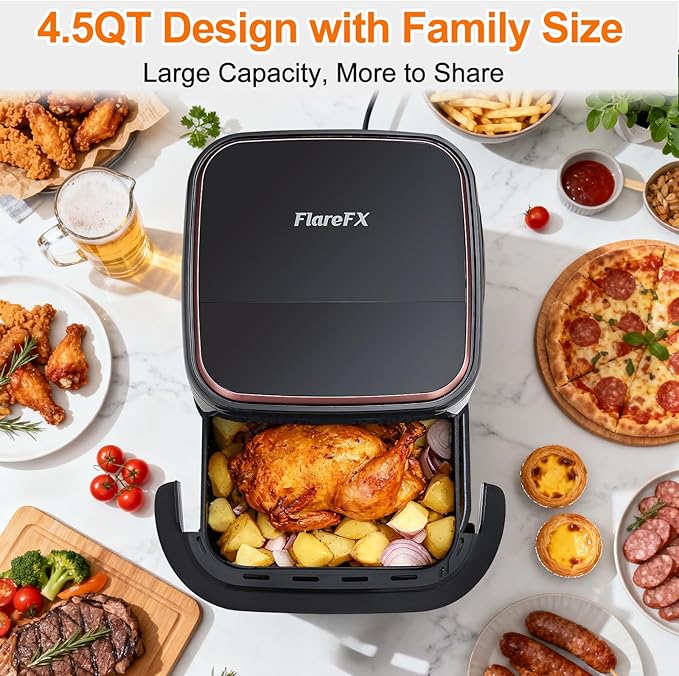 4.5QT Air Fryer Pizza Oven with 11 Presets, Air Fryers with Dual Heating & 360ยฐ Airflow | Viewing Window | Touch Display, Nonstick Airfryer for Roast, Bake, Dehydrate, Microwave, Reheat & More