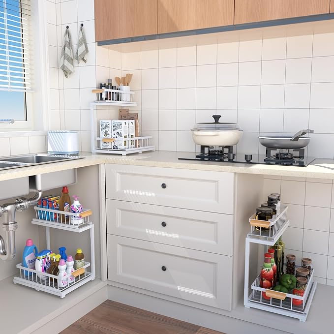 Under Sink Organizer,2 Tier Under Sink Organizers and Storage,Slide Out Pull Out Cabinet Organizer Shelf, Metal Sliding Drawer for Kitchen Bathroom Pantry Cabinet Closet Organization Rack