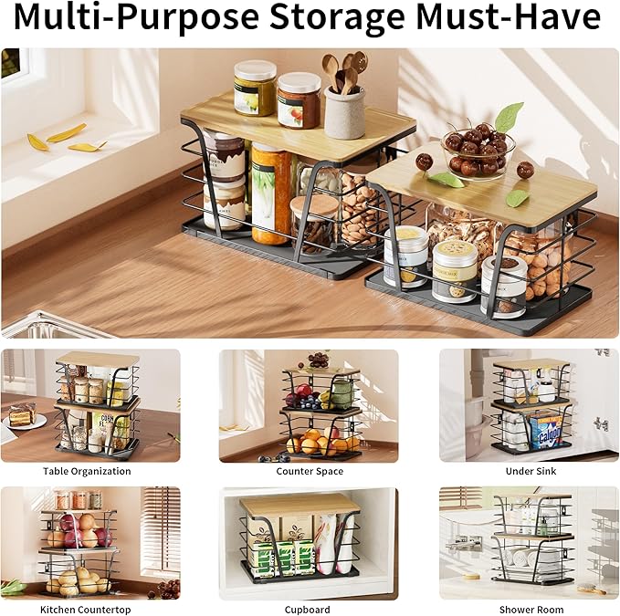 2 Pack Potato and Onion Storage Bins, Stackable Kitchen and Pantry Organizer with Bamboo Top & Lightweight PP Mat, for Vegetables, Fruit, Onion, Potato, Garlic - Pantry, Kitchen Storage Bins (Black)