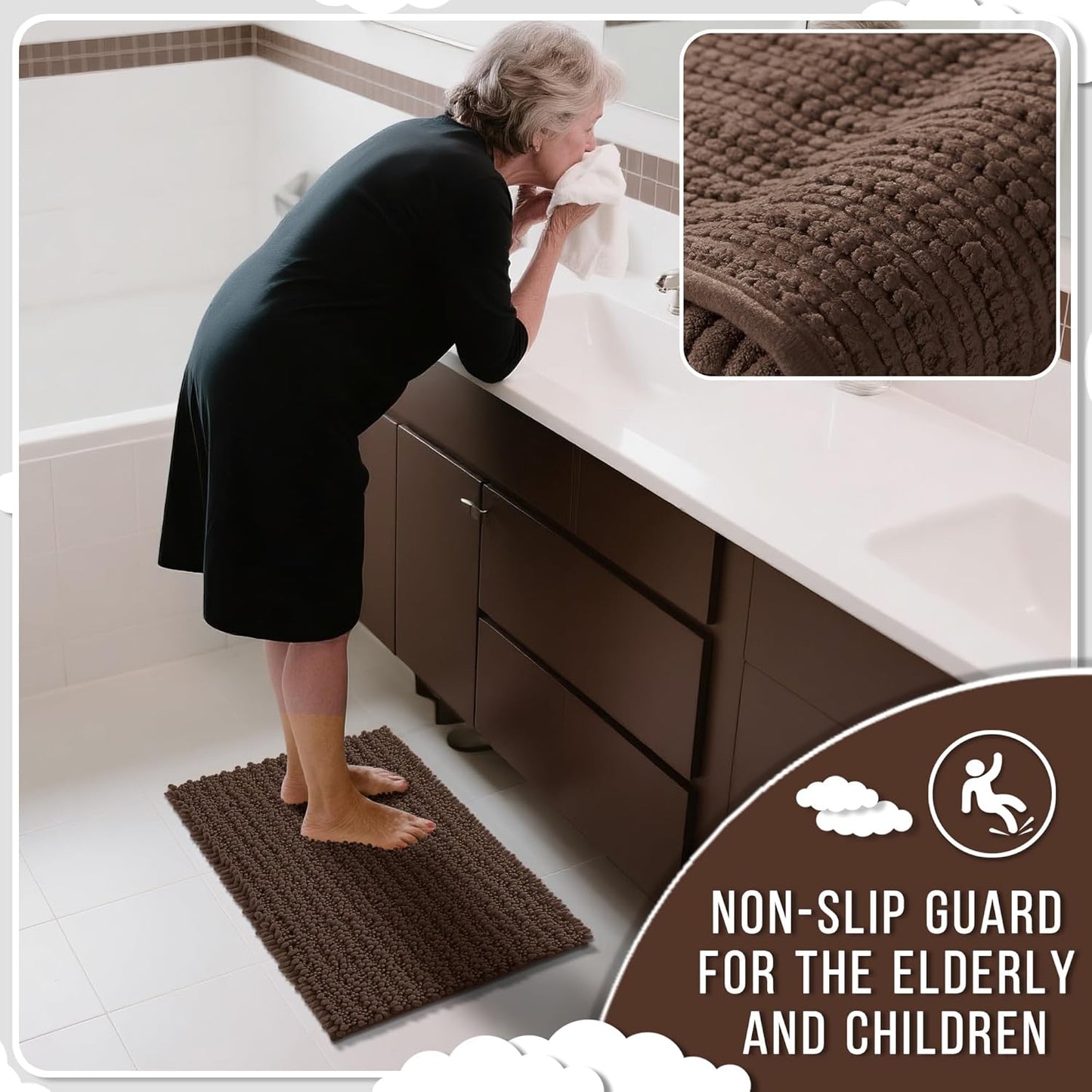 Yimobra Large Bathroom Rugs Non Slip Washable 36x24 Inch - Ultra Soft Absorbent Chenille Bath Mat, Quick Dry Shaggy Floor Carpet for Tub Shower, Brown Home Decor Accessories