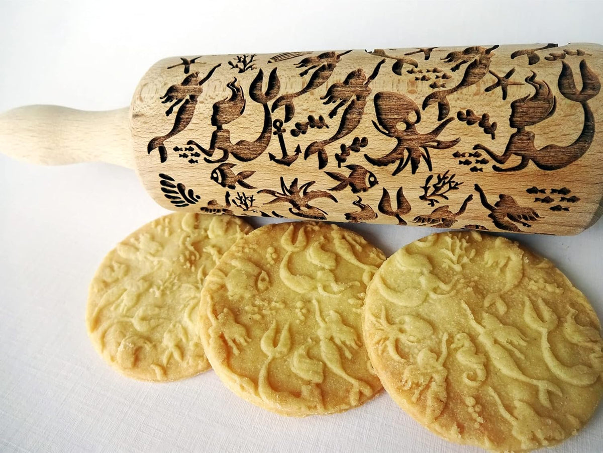 MERMAID Embossing Rolling Pin> Laser Engraved Wooden Dough Roller with Ocean Symbols
