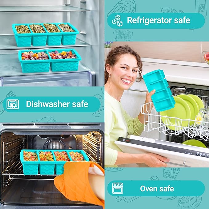 Silicone Freezer Molds for Soup with Lid, 1-Cup & 2-Cup Large Ice Cube Trays Food Storage Containers for Meal Prep, Freeze 500mL/250mL/125mL Portions – 4 Pack (1-Cup Green*2 & 2-Cup Blue * 2)