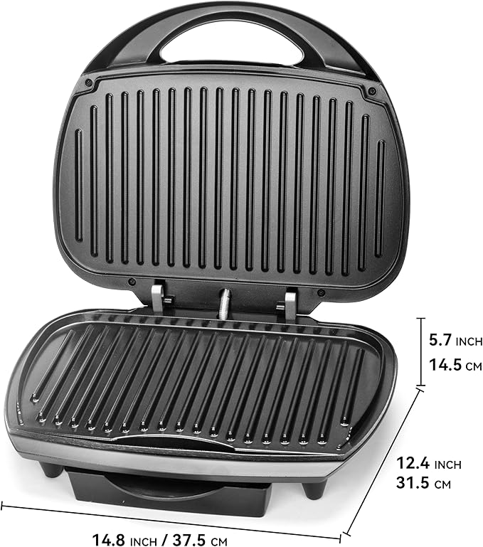 SugarWhisk Family-sized Contact Grill, 6-Serving Electric Indoor Grill with Adjustable Temp Control, Ceramic Coating, 1500W, Graphite