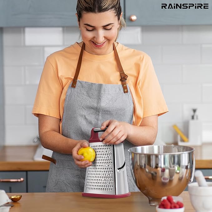 Rainspire Professional Box Grater, Cheese Grater Box for Kitchen Stainless Steel with 4 Sides, Cheese and Spice Graters with Handle for Vegetables, Ginger, Potatoes, Red