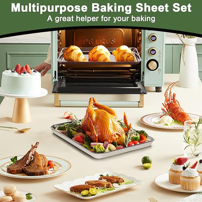 Baking Sheet Tray Cooling Rack with Silicone Mat Set, Stainless Steel Cookie Pan For Oven, Set of 9 (3 Sheets + 3 Racks Mats), Warp Resistant & Heavy Duty & Easy Clean, Grey