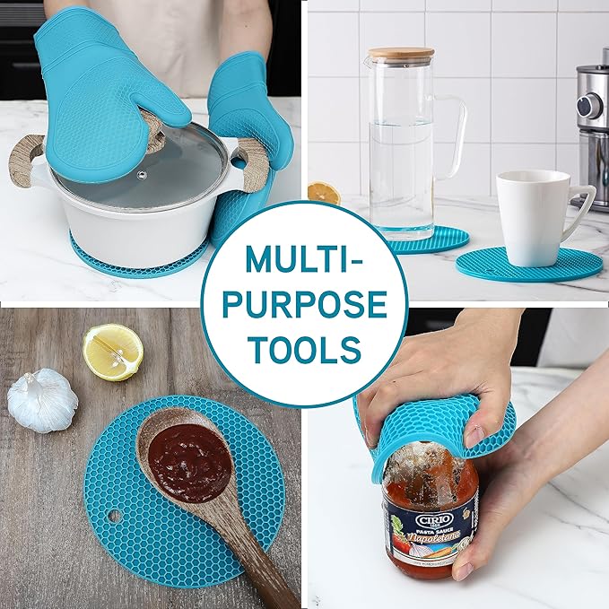 COOK WITH COLOR Silicone Oven Mitts- Heat Resistant Gloves with Soft Quilted Lining Oven Mitt Pot Holders for Cooking and BBQ, Teal, Mitt Set